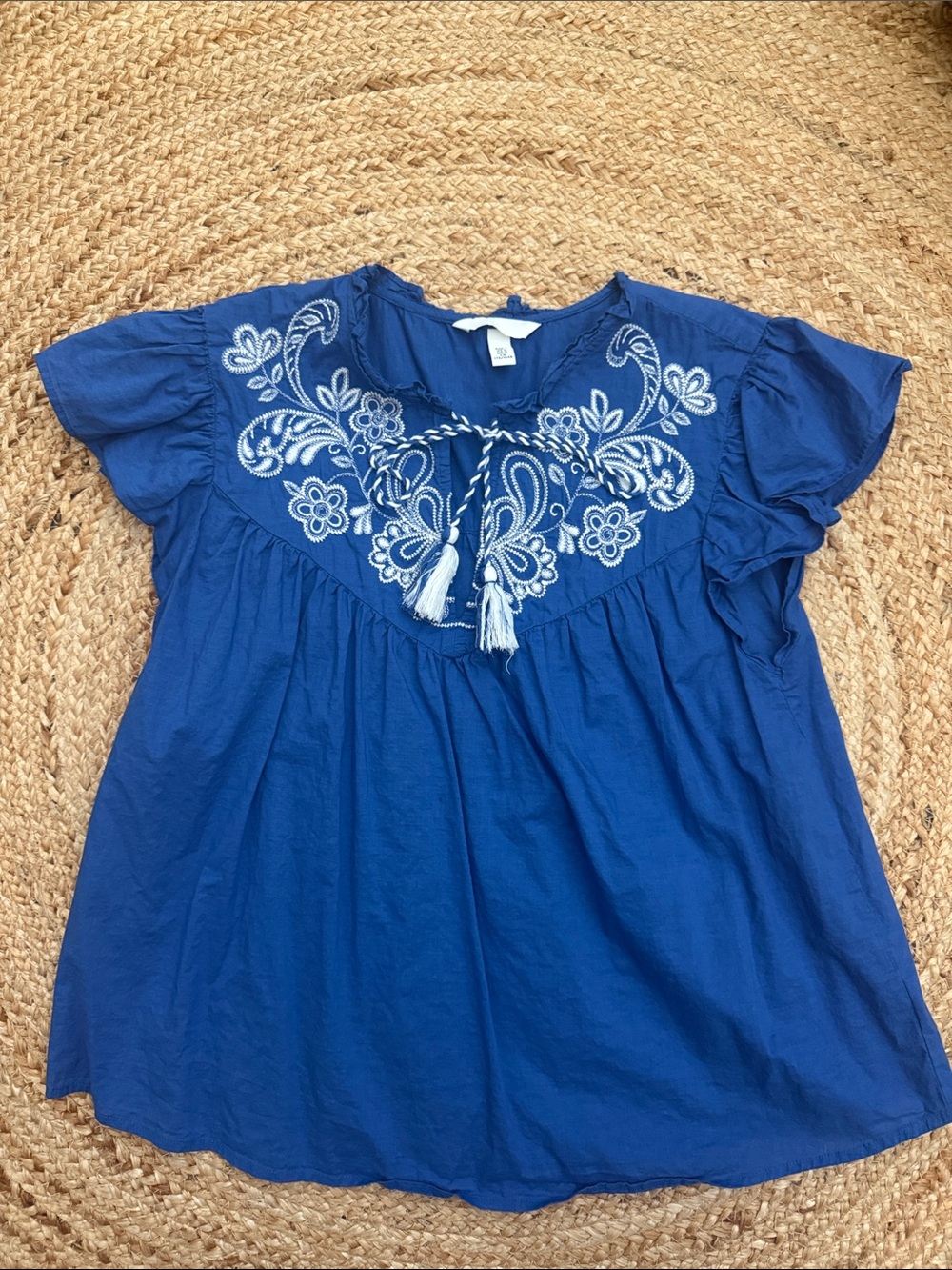 100% Cotton Royal Blue Embroidered Peasant Top with White Tassels